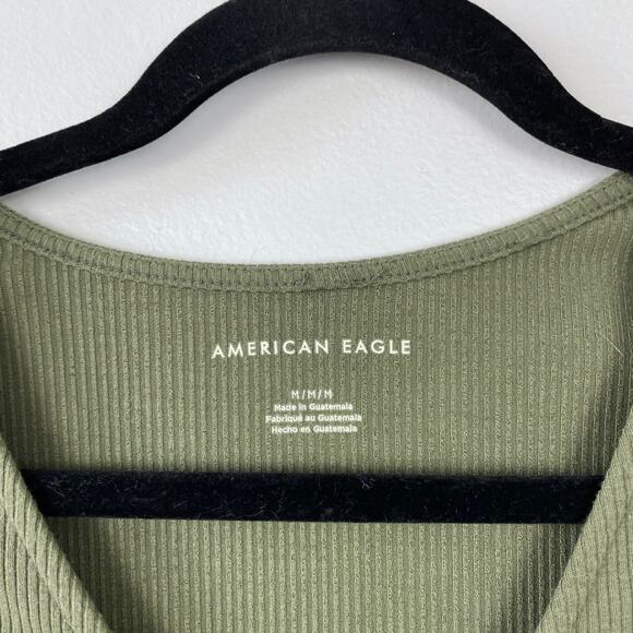 American Eagle Bodysuit Olive Green Ribbed Ruched V-neck Short‎ Sleeve Medium - Picture 3 of 9